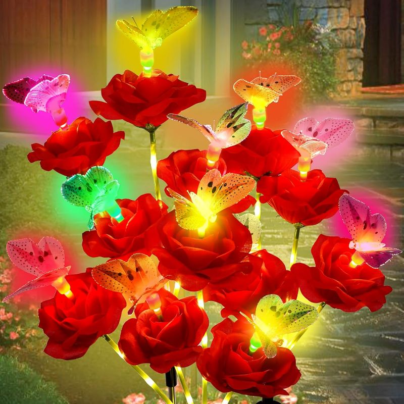 Photo 1 of Solar Butterfly Rose Garden Lights Outdoor Waterproof Decorative Flower Garden Decor Yard Patio Lawn Outdoor, Gifts for Mother's Day3 Pack Gifts for Women (Butterfly Rose)