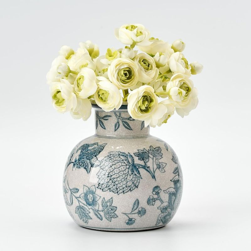 Photo 1 of SIDUCAL Blue and White Vintage Vase | 6 Inch Ceramic Chinoiserie Floral | Retro Ice Cracked Blue and White Porcelain Vase for Table, Living Room, Bathroom Decoration, Wedding, Shelf Decor, Mantel