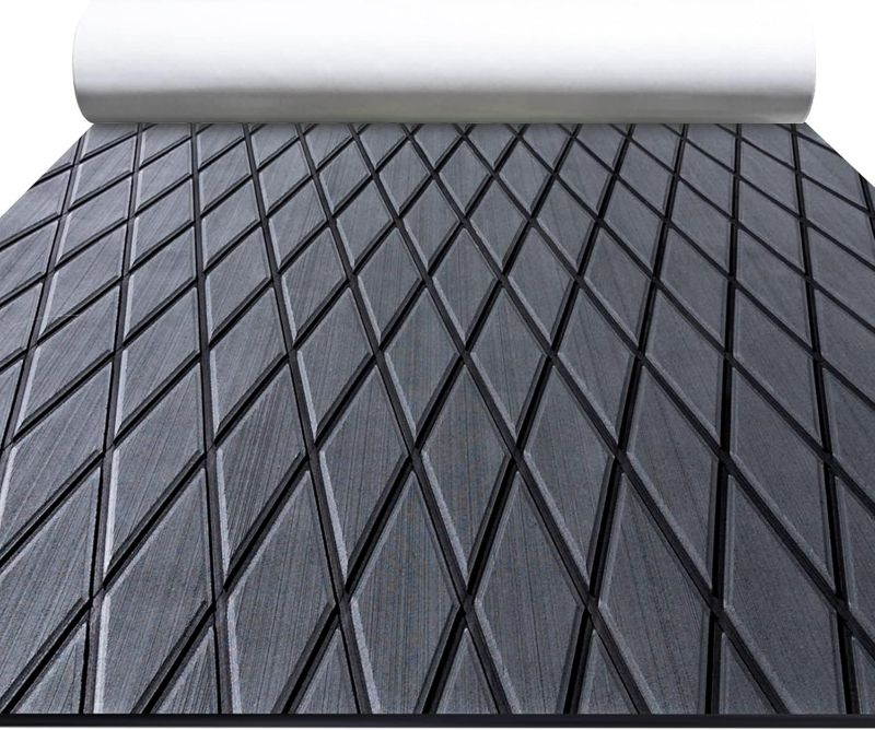 Photo 1 of FOCEAN Boat Flooring EVA Foam Boat Decking Marine Mat Non-Slip Self-Adhesive Flooring Sheet for Motorboat Kayak Surfboard Garden Swimming Pools, 94.5''x 15.7'', Dark Grey with Black Lines