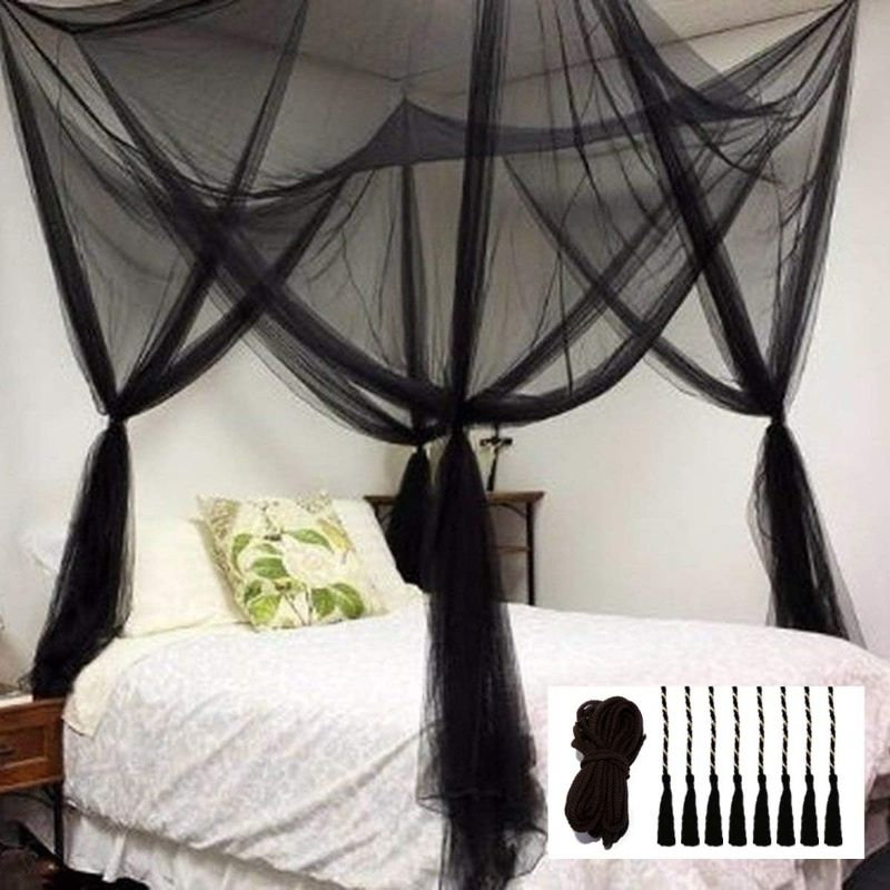 Photo 1 of Bed Canopy, Canopy Bed Curtains Bed Drapes for Full Queen King Size Bed Mosquito Net Bed Canopy Curtains for Patio Indoor Outdoor Gothic Room Decor Screen Netting Canopy Curtains Blcak
