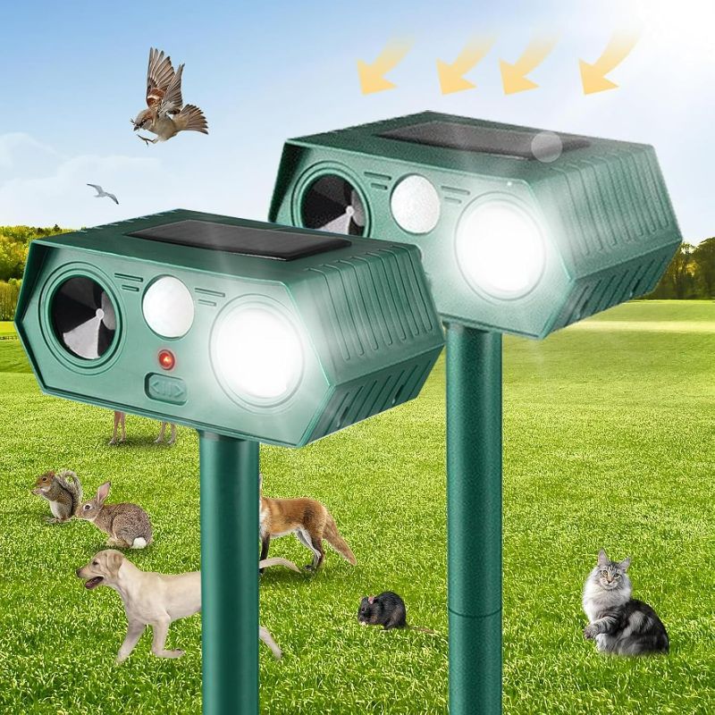 Photo 1 of 2025 Solar Animal Repellent,Upgraded Ultrasonic Cat Repellent Outdoor,Waterproof Deer Deterrent for Bird Dog Skunk,Squirrels Deterrent with Motion Detection Flash Lights for Farm Patio (2 Pack)