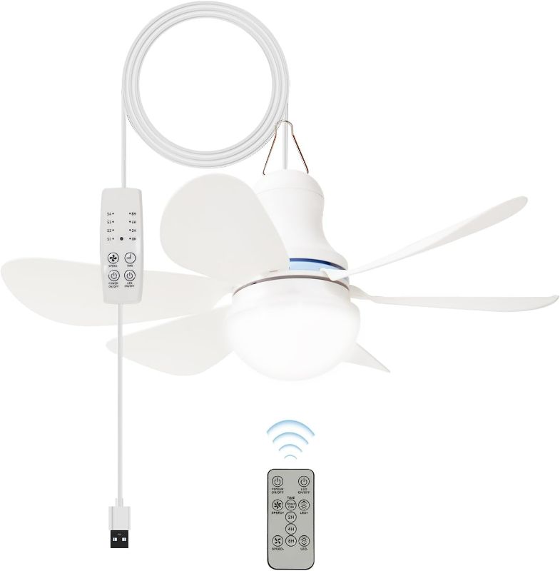 Photo 1 of Portable USB Ceiling Fan with LED Light & Remote Control |4 Speeds,3 Light Modes,Timer |16.5 in Mini Size, 6 Detachable Blades|DC 5V Hanging Fan for Tent, RV, Camping,Patio & Home-Easy Install