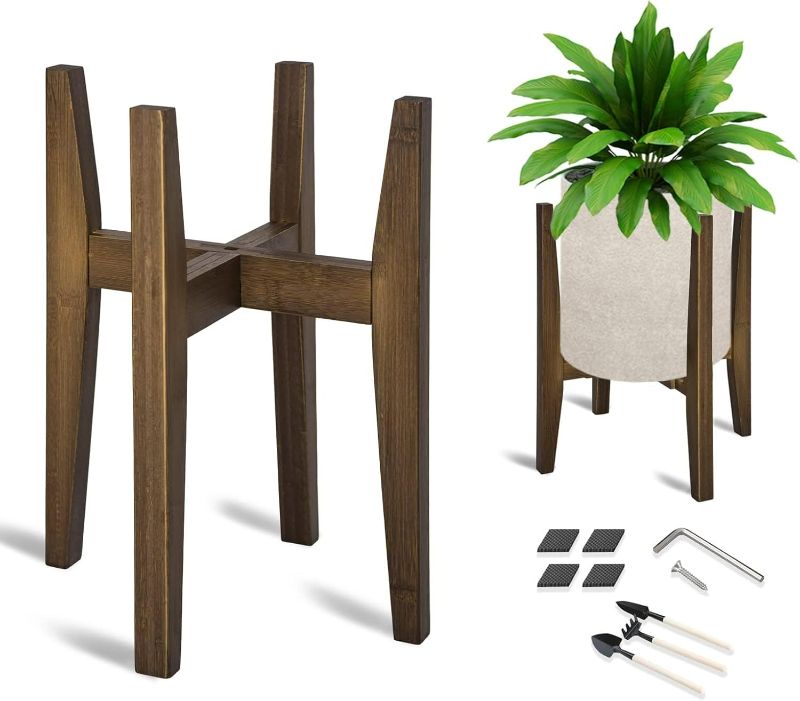 Photo 1 of OERGKE Adjustable Plant Stand, Bamboo Mid Century Modern Indoor Plants Stands, Corner Flower Holder for Living Room, Fits 8 to 12 Inches Pots, (Pot & Plant Not Included)(Walnut, 1 Pack)