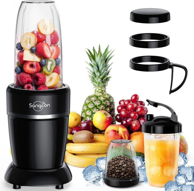 Photo 1 of Sangcon 1000W Smoothie Blender for Kitchen, Blenders for Smoothies with (3) Cups (2) Spout Covers (1) Storage Cap (1) To-Go Cap, Portable Blender for Shakes, Ice Crushing, Frozen Drinks, Spices