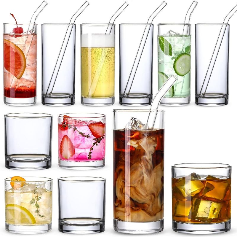 Photo 1 of [ 12 Pack ] Glass Cups with Glass Straws, 12oz Highball & Rock Drinking Glasses, Everyday Drinkware Glasses Set, Cute Tumbler Cup, Kitchen Glasses for Iced Coffee, Water, Beer, Cocktail, Whiskey Gift.