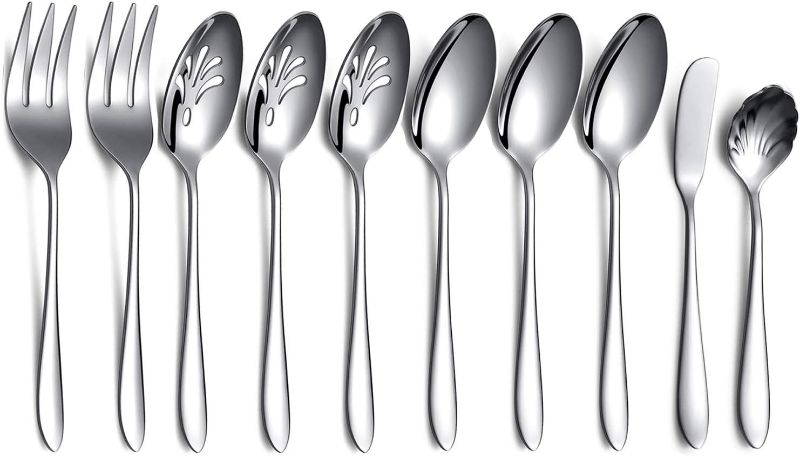 Photo 1 of 10-Piece Serving Flatware Silverware Set,Stainless Steel Serving Utensil Set,Include Slotted Serving Spoon, Serving Spoon, Butter Knife, Sugar Spoon, Serving Fork(Silver)