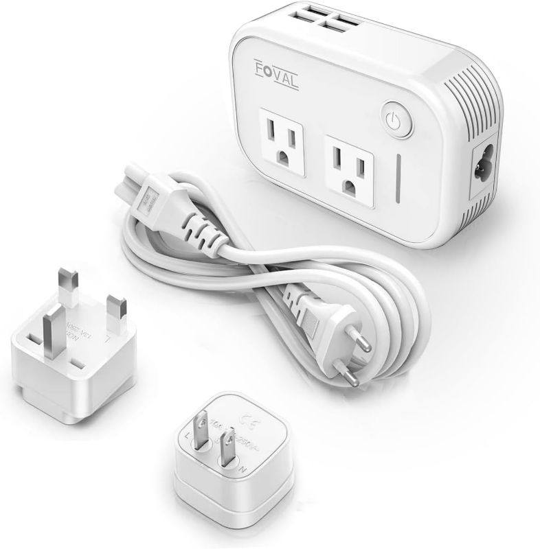 Photo 1 of FOVAL Power Step Down 220V to 110V Travel Voltage Converter International Power Adapter for Hair Straightener/Curling Iron with 4-Port USB Charging US/UK/AU/EU Universal Plug Adapter (White)