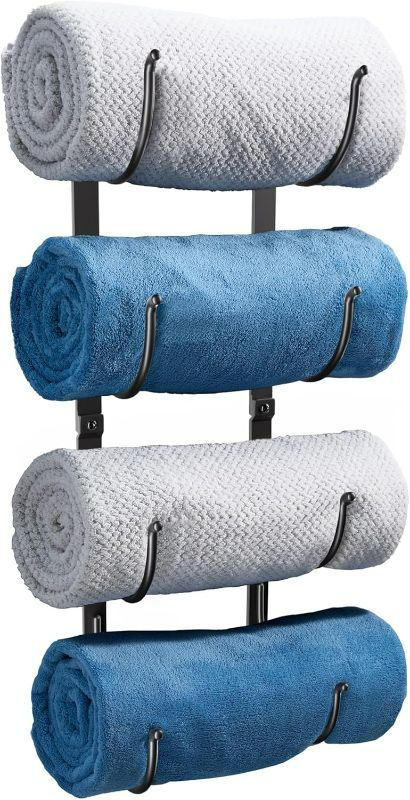 Photo 1 of Bathroom Rolled Towel Rack: 4-Tier Wall Mounted Towel Storage Holder, Hanging Organizer for Towels, Blankets, Large Bath Sheets, Space Saving in RV, Closet, Toilet, Cabinet, Black Metal