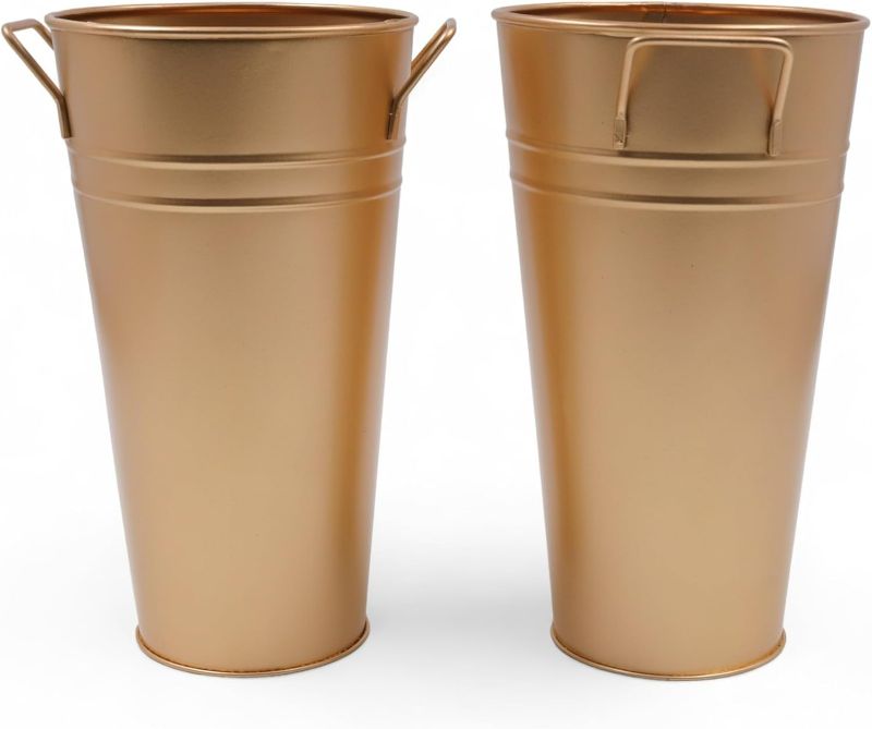 Photo 1 of Hosley Set of 2 Gold Bucket/Pot Vase with PVC Liner, 6.25" L x 5" W x 9" H Ideal Gift for Floral Arrangements Wedding Home Office Party DIY Indoor Outdoor Garden Patio