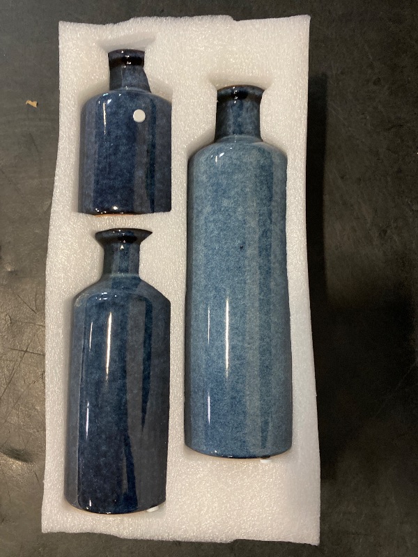 Photo 1 of Blue Ceramic Vase Set - 3 Blue Small Vases, Farmhouse Country Flower Vase Home Decor, Living Room Decoration, Table Decoration, Fireplace Decor, and Entrance Decorations Centerpieces