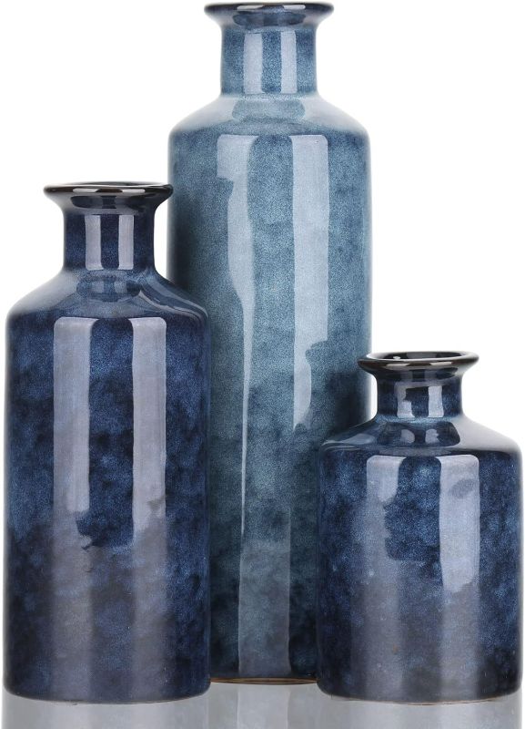 Photo 1 of Blue Ceramic Vase Set - 3 Blue Small Vases, Farmhouse Country Flower Vase Home Decor, Living Room Decoration, Table Decoration, Fireplace Decor, and Entrance Decorations Centerpieces