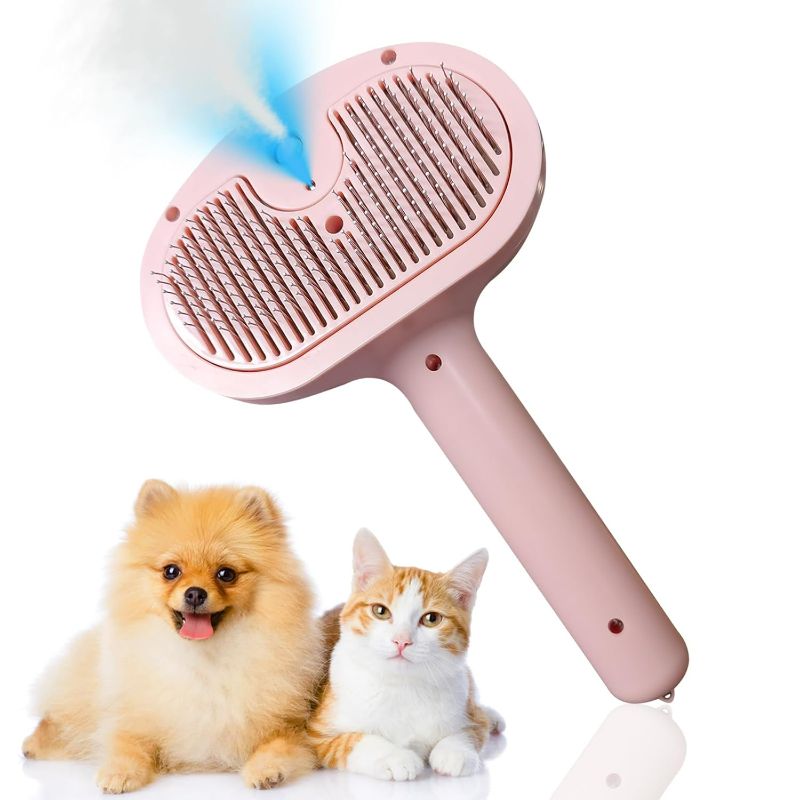 Photo 1 of Cat Dog Grooming Brush 5-in-1 Pet Grooming Spray Brush Comb for Massaging and Cleaning Shedding Pet Hair, 1-Touch Release Button for Long/Short Hair Pets (White)