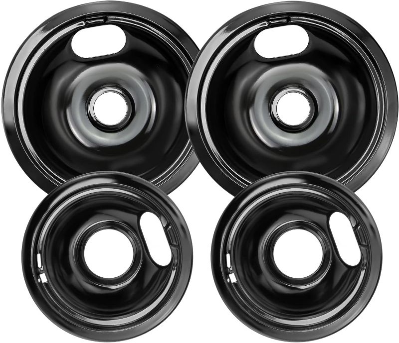 Photo 1 of W10290350 W10290353 Porcelain Burner Drip Pan Bowls by Blutoget - Fit for Whirlpool Electric Range Stove Pans- 2 Pack 8-Inch and 2 Pack 6-Inch Pans(Black Porcelain),W10288051 Electric Stove Drip Pans