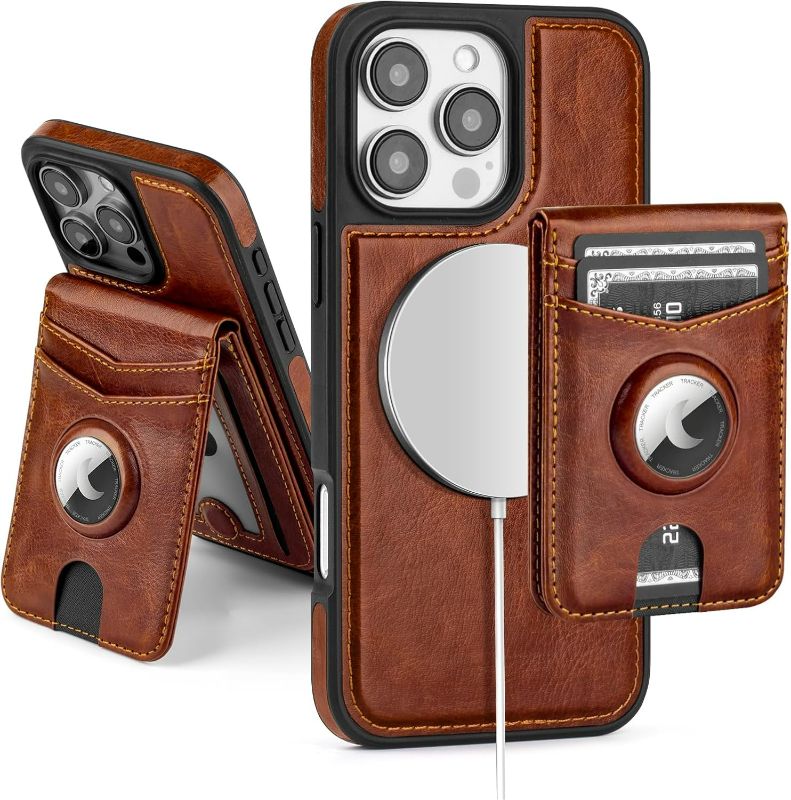 Photo 1 of Compatible with MagSafe iPhone 16 Pro Max Case Wallet with AirTag Holder,2 in 1 PU Leather Magnetic Detachable RFID Blocking Credit Card Holder Flip Cover Kickstand for Men Women,Brown