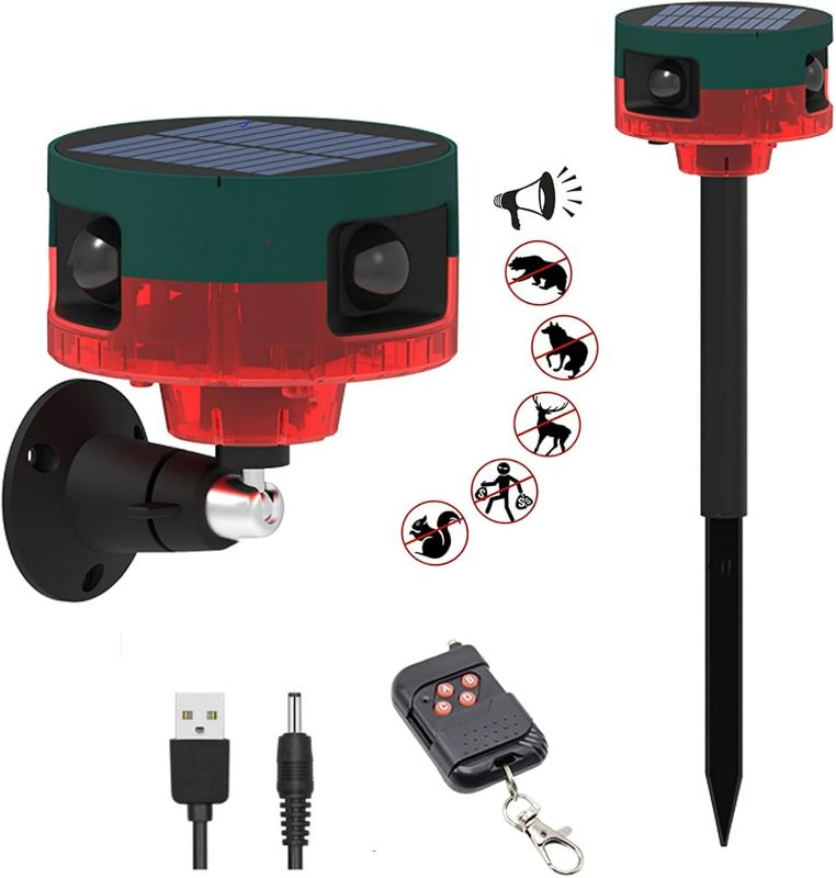 Photo 1 of HULPPRE Solar Outdoor Motion Sensor Alarm-Dog Barking&Gunshot Sound,130db Loud Noise Maker,Support Recording,13 Kinds of Sound Strobe Light with USB,Say Goodbye to The Intruders