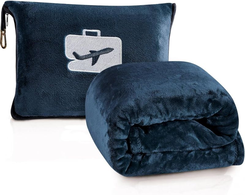 Photo 1 of Comfort Fly Travel Blanket & Pillow – 2-in-1 Micro Plush Airplane Blanket with Carry Case (40" x 70") - Navy