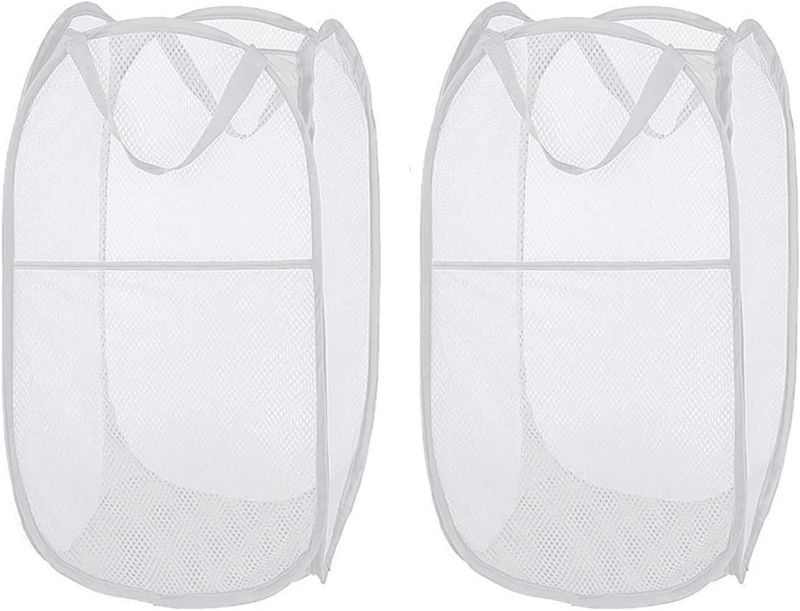 Photo 1 of Larpur Pop Up Laundry Hampers, Portable Mesh Laundry Baskets, Collapsible Clothes Laundry Bin for Bedroom, Travel, Bathroom, College Dorm, White - 2 Pack