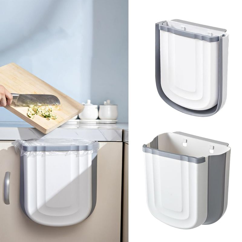 Photo 1 of Small Foldable Hanging Kitchen Trash Can for Kitchen Counter Plastic Waste Bin for Cabinet, Wall Mounted 2.4 Gallon Wastebasket for Kitchen, Bathroom, Bedroom (Grey)