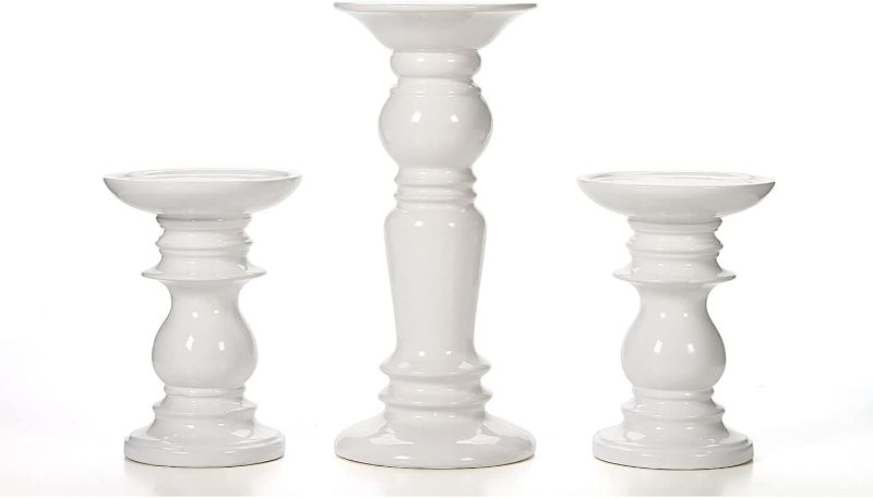 Photo 1 of Hosley Set of 3 Ceramic White Pillar Candle Holders Two 6 inch and One 9.5 inch High Ideal for LED and Pillar Candles Gifts for Wedding Party Home Spa Aromatherapy Votive Candle Gardens
