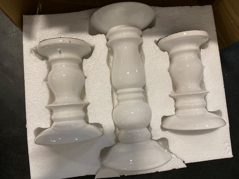 Photo 1 of Hosley Set of 3 Ceramic White Pillar Candle Holders Two 6 inch and One 9.5 inch High Ideal for LED and Pillar Candles Gifts for Wedding Party Home Spa Aromatherapy Votive Candle Gardens