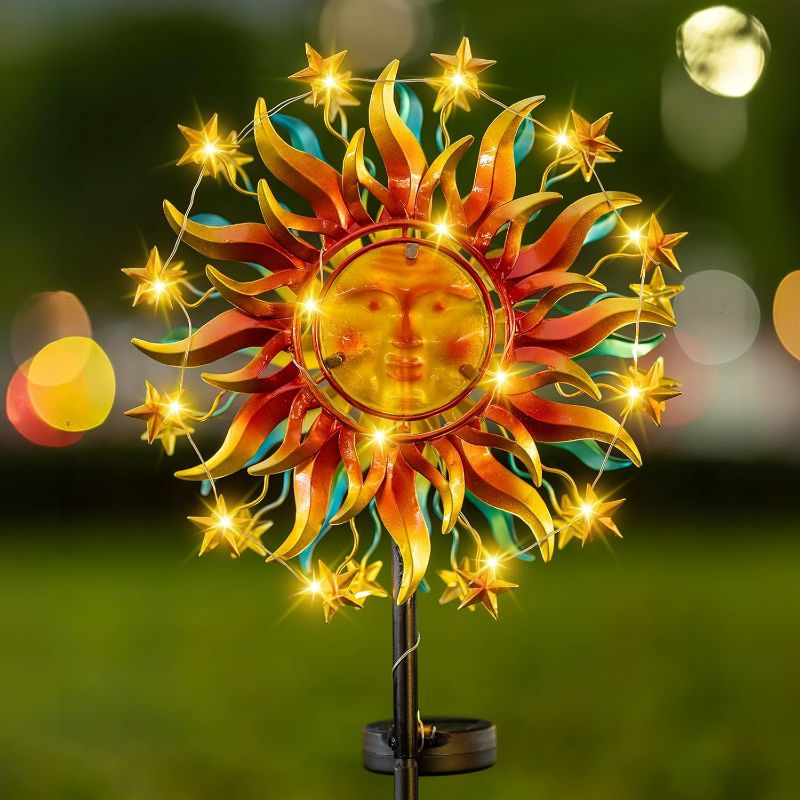 Photo 1 of Solar Wind Spinners for Yard and Garden - 60.3 Inch 360° Metal Sun Wind Sculptures Outdoor Clearance Kinetic Windmills with Vine String Shining LED Lights for Patio, Lawn Xmas Garden Decoration