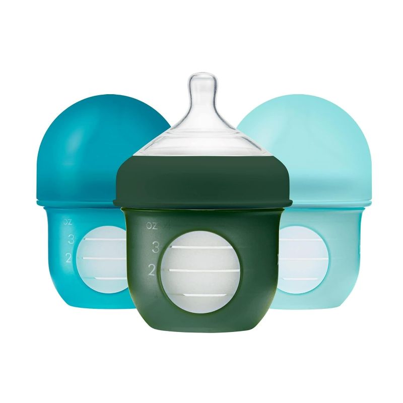 Photo 1 of Boon Nursh Reusable Silicone Pouch Baby Bottles - Slow Flow Nipple - Silicone Baby Bottle Pouch and Nipple - Baby Feeding Essentials - Blue - 0-3 Months - 3 Count - 4 Ounce