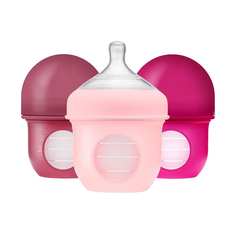 Photo 1 of Boon Nursh Reusable Silicone Pouch Baby Bottles - Slow Flow Nipple - Silicone Baby Bottle Pouch and Nipple - Baby Feeding Essentials - Pink - 0-3 Months - 3 Count - 4 Ounce