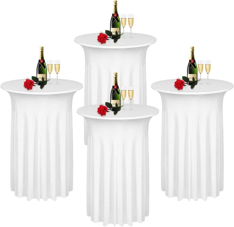 Photo 1 of 4 Packs Cocktail Table Covers Beige Round Bar Table Cloth Off White 32"x 43" Spandex Stretch High Top Table Covers with Wavy Drapes Fitted High Top Table Cloth for Party Wedding Banquet Bar Table (Beige)