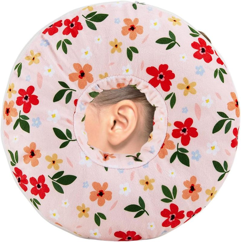 Photo 1 of Ear Piercing Pillow with Removable Pillowcase, Soft and Comfortable Donut Pillow, Ear Pillows with Holes for Ear Pain, Piercing, Pain Relief Sleeping, Pressure Sore, Ear Pressure Relief (Pink Flower)