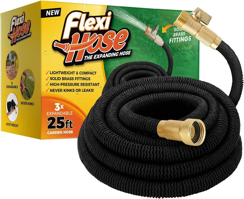 Photo 1 of Flexi Hose Lightweight Expandable Garden Hose, No-Kink Flexibility, 3/4 Inch Solid Brass Fittings and Double Latex Core (25ft, Black)