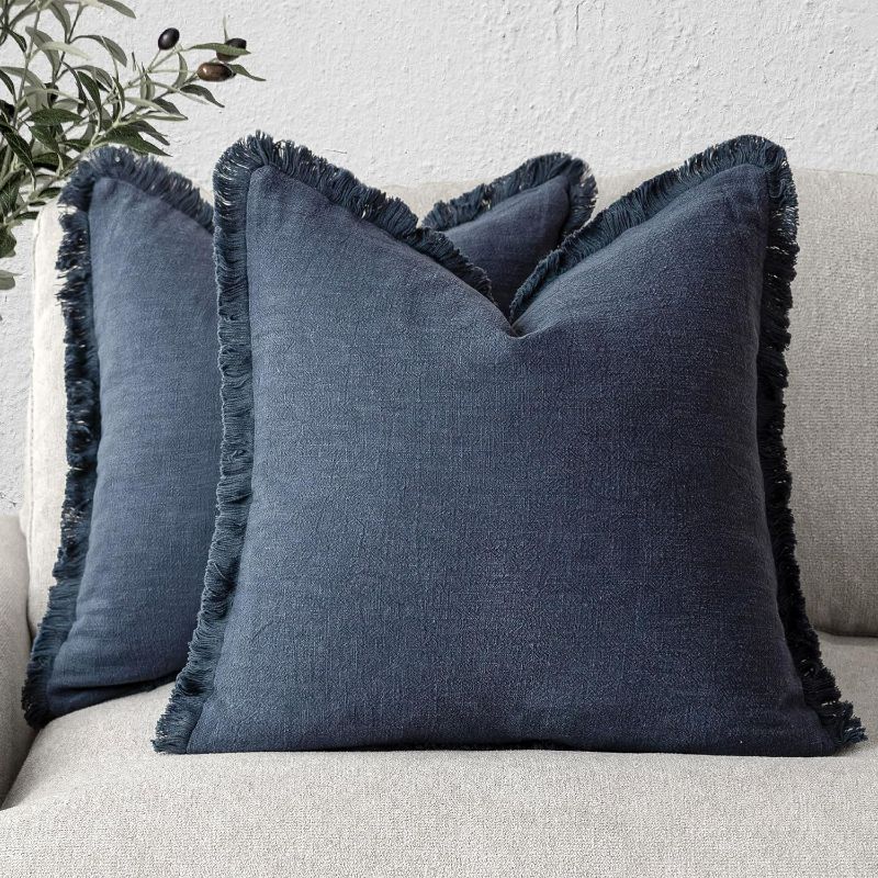 Photo 1 of Foindtower Set of 2 Decorative Linen Fringe Throw Pillow Covers Cozy Boho Farmhouse Cushion Cover with Tassels Soft Accent Pillowcase for Couch Sofa Bed Living Room Home Decor,18×18 Inch,Navy Blue