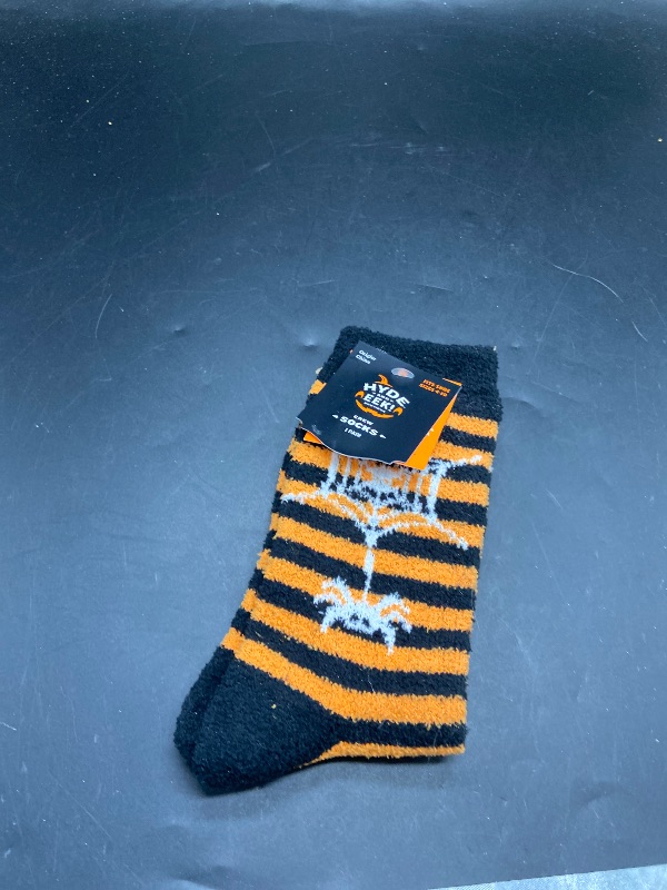 Photo 1 of Women's Black Cat with Glow - in - the - Dark Eyes Striped Halloween Crew Socks - Hyde and EEK! Boutique™ Black/Orange 4-10 