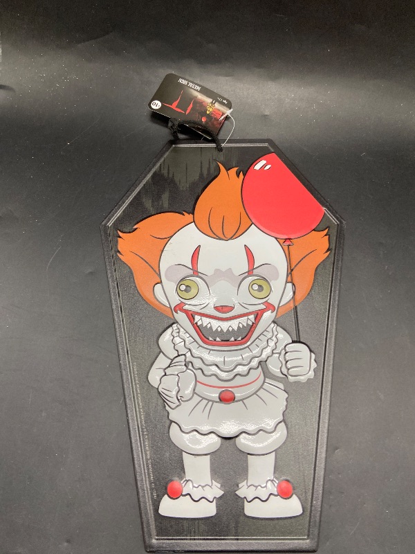 Photo 1 of IT Pennywise Tin Metal Sign Coffin Shape 14-Inch X 9-Inch Horror Movie Classic