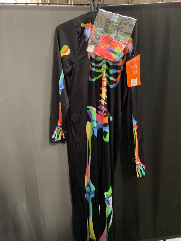 Photo 1 of Adult size-Seasons Rainbow Skeleton Costume with Hood for Man, Black-Light Responsive, Halloween Cosplay Costume