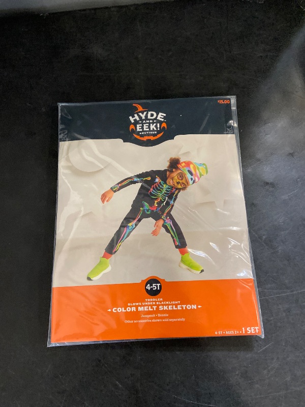 Photo 1 of Size: 4-5T-Toddler Boys Colorful Skeleton Black Jumpsuit & Beanie Halloween Costume