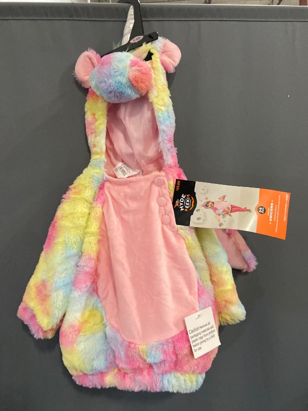 Photo 1 of 0-6M - Infant Size - Girls Pink Yellow & Orange Hooded Pullover Plush Unicorn Costume