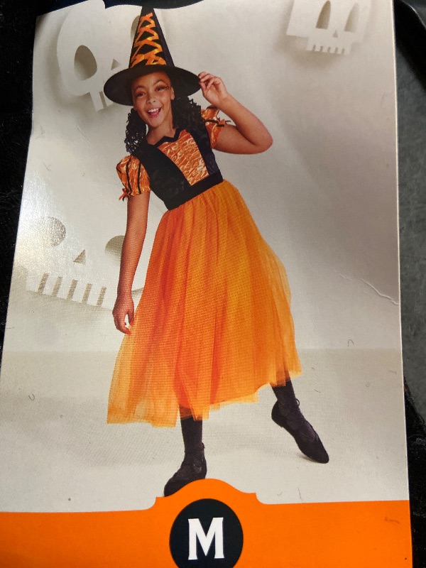 Photo 1 of SIze M - Girls Orange & Black Fancy Witch Dress & Hat Halloween Costume