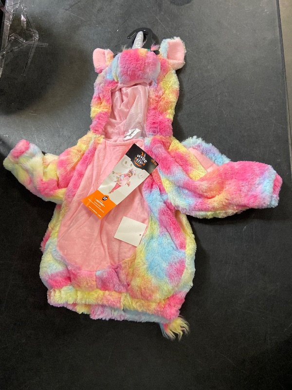 Photo 1 of Size 12/18 Months - Infant Girls Pink Yellow & Orange Hooded Pullover Plush Unicorn Costume