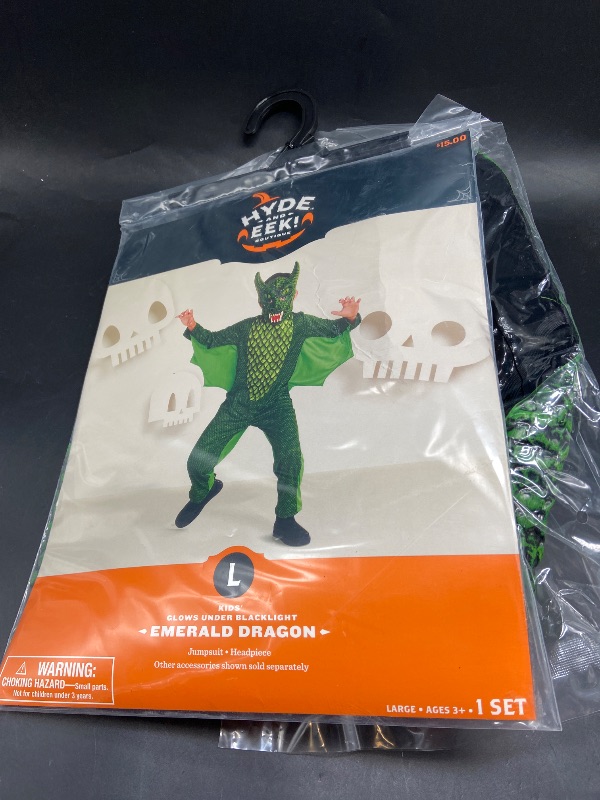Photo 1 of Size L -  Kids' Blacklight Responsive Emerald Dragon Halloween Costume Jumpsuit with Mask - Hyde & EEK! Boutique™