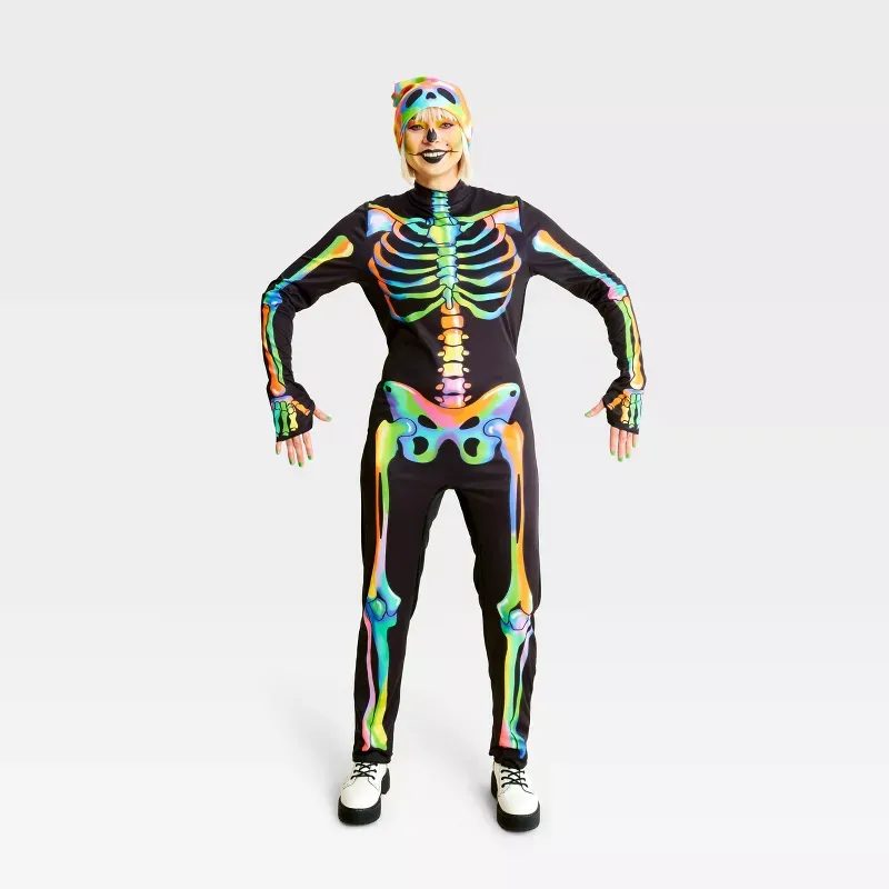 Photo 1 of (L) Adult Blacklight Responsive Skeleton Halloween Costume Jumpsuit L with Beanie: Hyde & EEk! Boutique