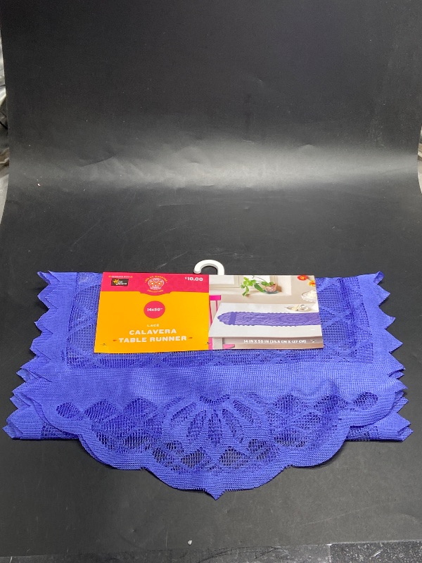 Photo 1 of 50"x14" Día de Muertos Lace Table Runner Purple