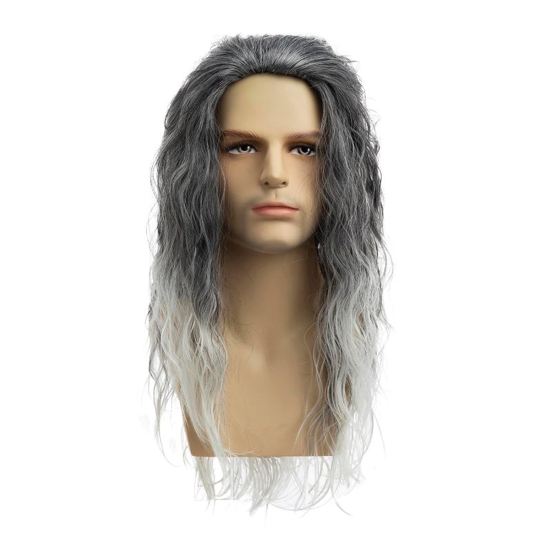 Photo 1 of Long Curly Wavy Grey Wigs for Men Synthetic Natural Party Halloween Cosplay Hair Wig