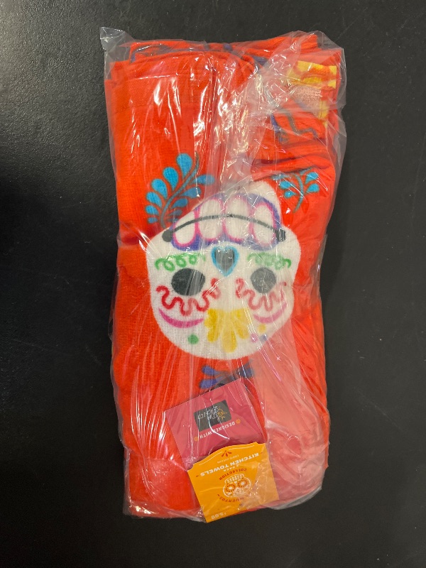 Photo 1 of 2pk Día de Muertos Kitchen Terry Towels: Cotton, Multicolor Floral & Skull Pattern, Machine Washable
