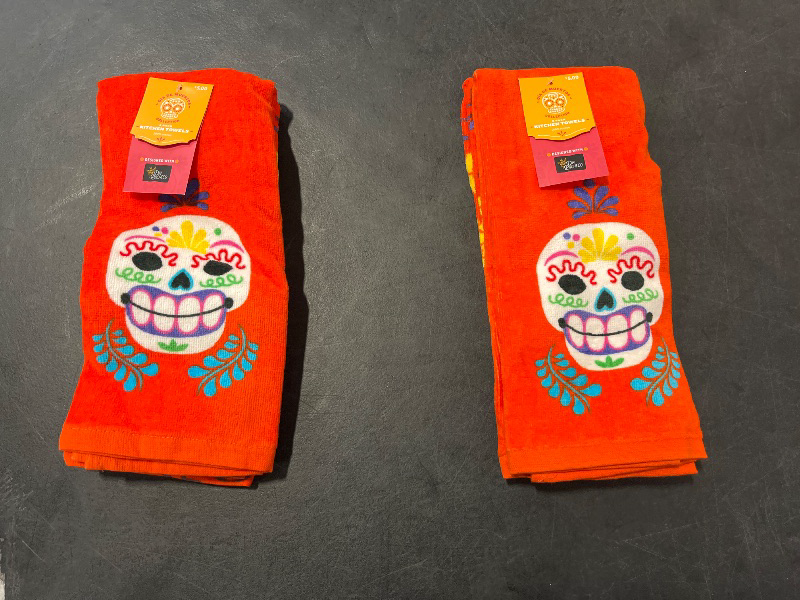 Photo 1 of 2pk Día de Muertos Kitchen Terry Towels: Cotton, Multicolor Floral & Skull Pattern, Machine Washable