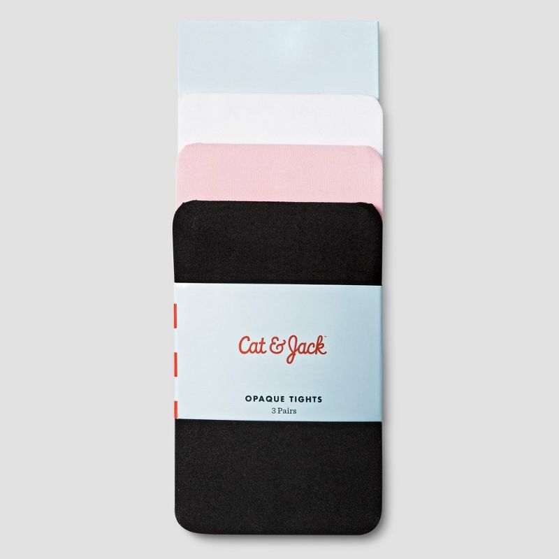 Photo 1 of 4T-5T - Toddler Girls' 3pk Solid Opaque Tights - Cat & Jack™ Black/White/Pink 4T-5T: High Waisted, Knit, Elastic Waistband, Machine Washable