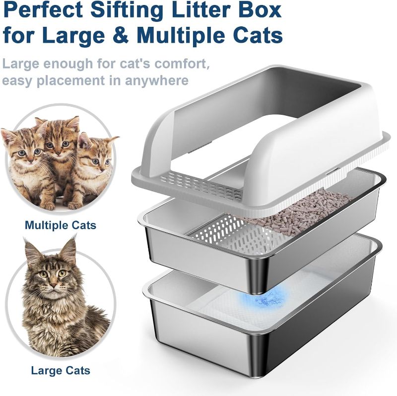 Photo 1 of 23.6''x16''x12'' Enclosed Stainless Steel Litter Box with Lid, XL Sifting Litter Box for Pine Pellets, High Sides Metal Litter Box System for for Big Cats, Anti-Leakage, Easy Cleaning, Less Tracking
