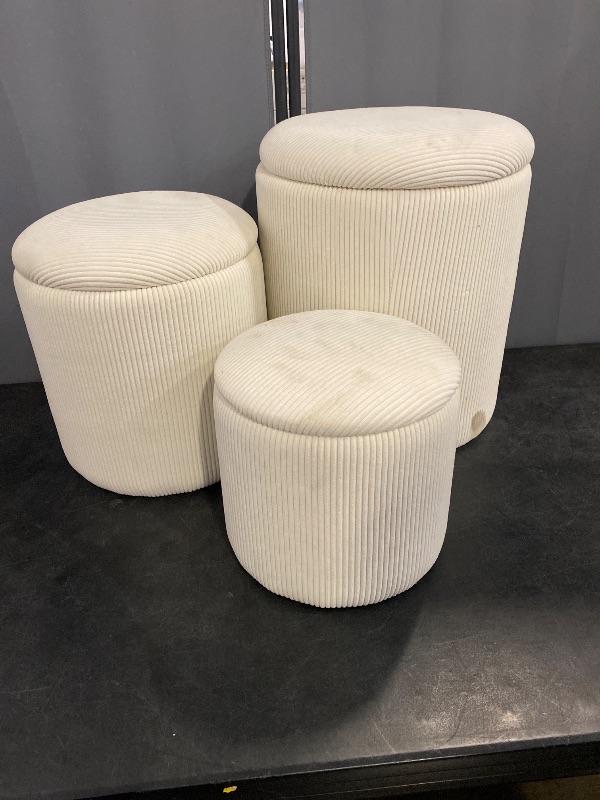 Photo 1 of Round Set of 3 Ottoman with Storage-Upholstered Velvet Vanity Stool for Modern Multifunctional Coffee Table Padded Seat Foot Rest for Living Room and Bedroom (White)