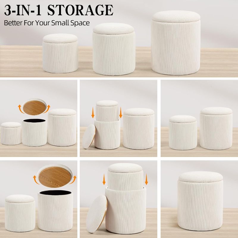 Photo 1 of Round Set of 3 Ottoman with Storage-Upholstered Velvet Vanity Stool for Modern Multifunctional Coffee Table Padded Seat Foot Rest for Living Room and Bedroom (White)