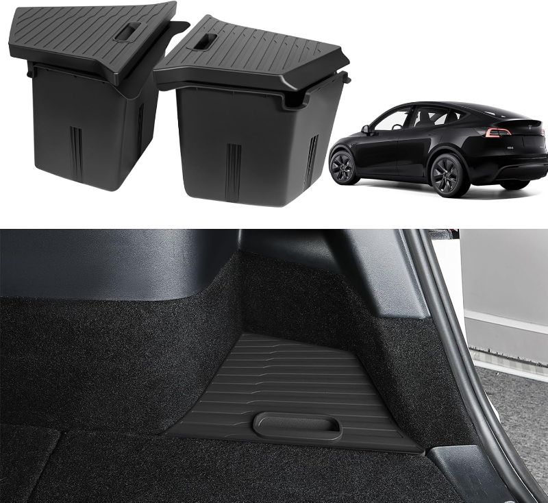 Photo 1 of Trunk Storage Bin for Tesla Model Y Rear Trunk Organizer Corner Storage Box Trunk Side Storage Packets for Tesla Model Y 5 Seater 2020-2023-(No for 2024 2025 Model Y Juniper) 2 Black