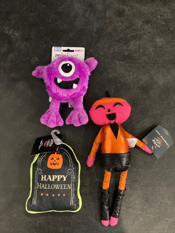 Photo 1 of Multipet Minipet Plush Monster Dog Toy 5", Tombstone dog toy, Pumpkin jack dog toy